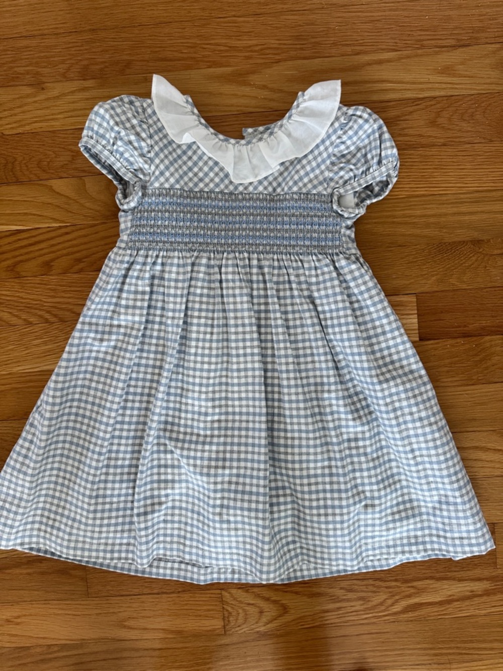 Trotters Blue Gingham Smocked Dress with White Ruffle Collar